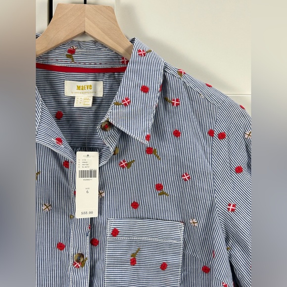 Maeve Tops - Maeve Anthropologie Embroidered Floral Button Down Shirt Size 6 NWT blue stripe